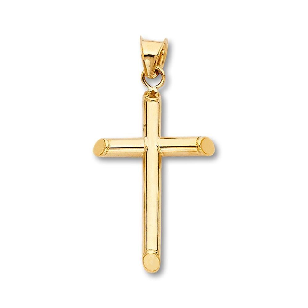 14K Gold Hollow Round Tube Cross Pendant | Solid Yellow Gold By Tehrani Jewelry